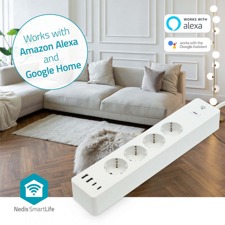 Nedis SmartLife Power Strip | 2x USB-A / 2x USB-C™ / 4x plug with earth contact (CEE 7/3) | 16 A | 3680 W | 2.00 m | 0 - 55 °C | Android™ / IOS | White Nedis SmartLife Power Strip | 2x USB-A / 2x USB-C™ / 4x plug with earth contact (CEE 7/3) | 16 A | 3680 W | 2.00 m | 0 - 55 °C | Android™ / IOS | White