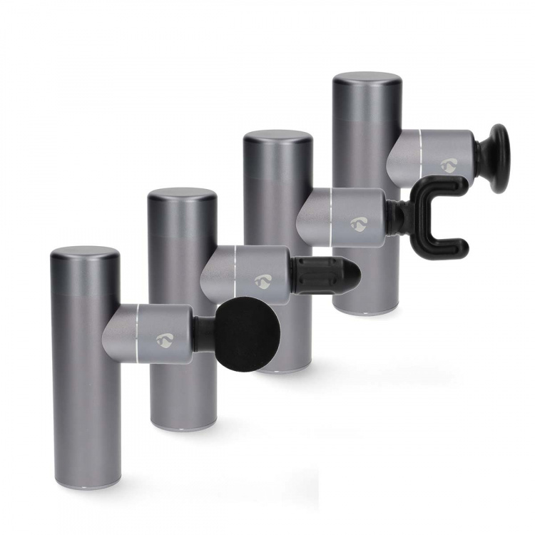 Nedis SmartLife Sports Massage Gun | Accu Powered | Rechargeable | 5 Massage Modes | Conical Head / Drawstring Bag / Flat Head / Spherical Head / U-shape Head | Dark Grey