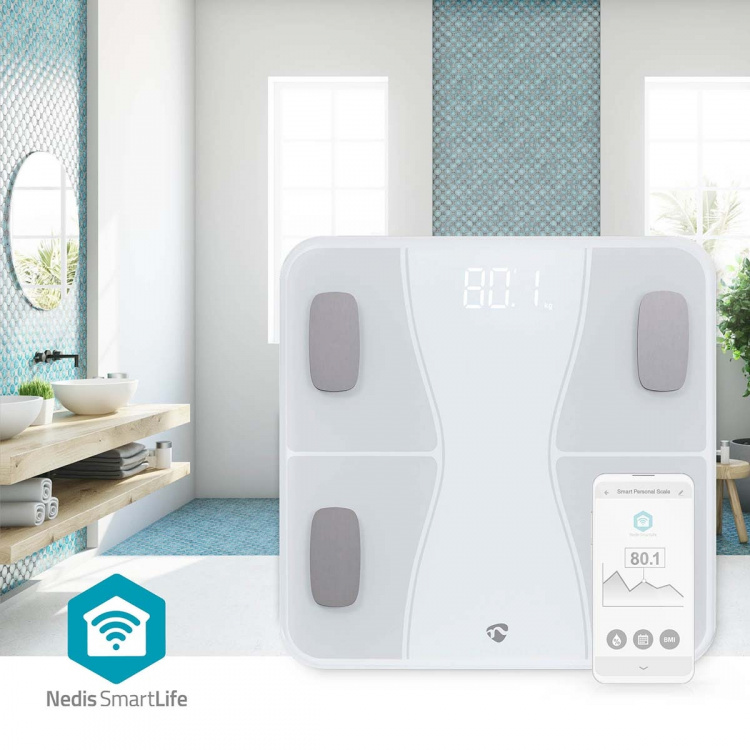 Nedis SmartLife Personal Scale | BMI / BMR / Bones / Fat / Muscles / Water / Weight | 12 | Peak load: 180 kg | Android™ / IOS | ABS / Glass | White