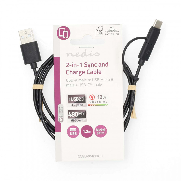 Nedis 2-in-1 Cable | USB 2.0 | USB-A Male | USB Micro-B Male / USB-C™ Male | 480 Mbps | 1.00 m | Nickel Plated | Round | PVC | Black | Label Nedis 2-in-1 Cable | USB 2.0 | USB-A Male | USB Micro-B Male / USB-C™ Male | 480 Mbps | 1.00 m | Nickel Plated | Round | PVC | Black | Label