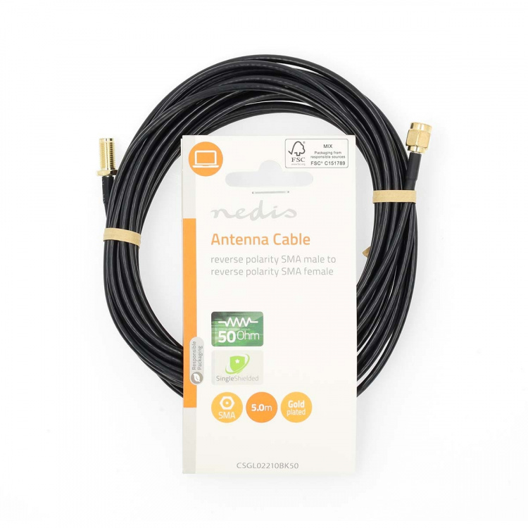Nedis SMA Cable | RP SMA Male | RP SMA Female | Gold Plated | 50 Ohm | Single Shielded | 5.00 m | Round | PVC | Black | Label Nedis SMA Cable | RP SMA Male | RP SMA Female | Gold Plated | 50 Ohm | Single Shielded | 5.00 m | Round | PVC | Black | Label