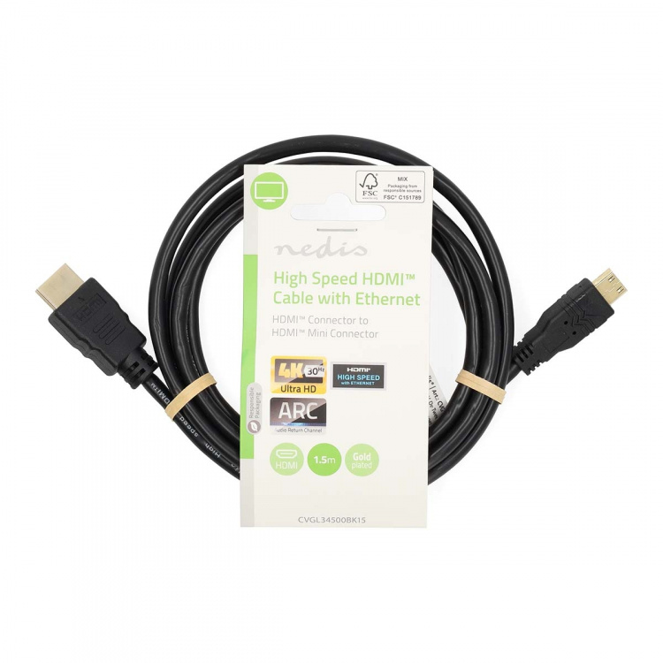 Nedis High Speed HDMI™ Cable with Ethernet | HDMI™ Connector | HDMI™ Mini Connector | 4K@30Hz | 10.2 Gbps | 1.50 m | Round | PVC | Black | Label Nedis High Speed HDMI™ Cable with Ethernet | HDMI™ Connector | HDMI™ Mini Connector | 4K@30Hz | 10.2 Gbps | 1.50 m | Round | PVC | Black | Label