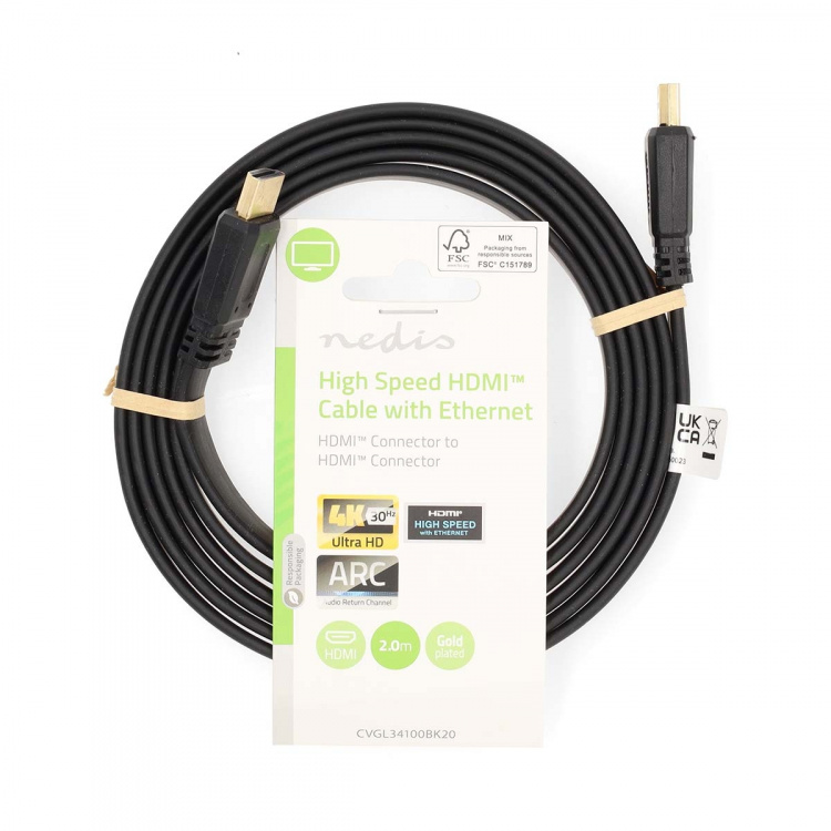 Nedis High Speed HDMI™ Cable with Ethernet | HDMI™ Connector | HDMI™ Connector | 4K@30Hz | 10.2 Gbps | 2.00 m | Flat | PVC | Black | Label