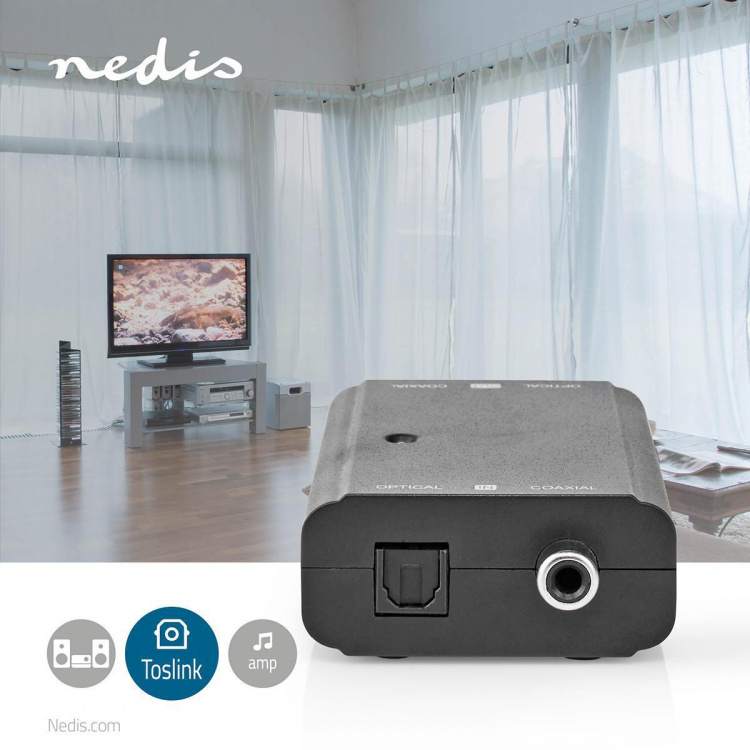 Nedis Digital Audio Converter | 2-way | Audio / video / data connections input: 1x S/PDIF (RCA) Female / 1x Toslink Female | Audio / video / data connections output: 1x S/PDIF (RCA) Female / 1x TosLink Female | Manual | Black