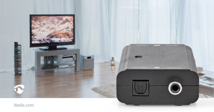 Nedis Digital Audio Converter | 2-way | Audio / video / data connections input: 1x S/PDIF (RCA) Female / 1x Toslink Female | Audio / video / data connections output: 1x S/PDIF (RCA) Female / 1x TosLink Female | Manual | Black