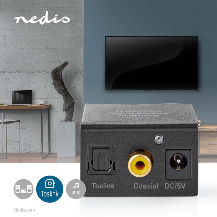 Nedis Digital Audio Converter | 1-way | Audio / video / data connections input: 1x Digital RCA / 1x TosLink | Audio / video / data connections output: 1x (2x RCA) / 1x 3.5 mm | Automatic | Integrated amplifier | Black Nedis Digital Audio Converter | 1-way | Audio / video / data connections input: 1x Digital RCA / 1x TosLink | Audio / video / data connections output: 1x (2x RCA) / 1x 3.5 mm | Automatic | Integrated amplifier | Black