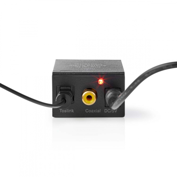 Nedis Digital Audio Converter | 1-way | Audio / video / data connections input: 1x Digital RCA / 1x TosLink | Audio / video / data connections output: 1x (2x RCA) / 1x 3.5 mm | Automatic | Integrated amplifier | Black Nedis Digital Audio Converter | 1-way | Audio / video / data connections input: 1x Digital RCA / 1x TosLink | Audio / video / data connections output: 1x (2x RCA) / 1x 3.5 mm | Automatic | Integrated amplifier | Black