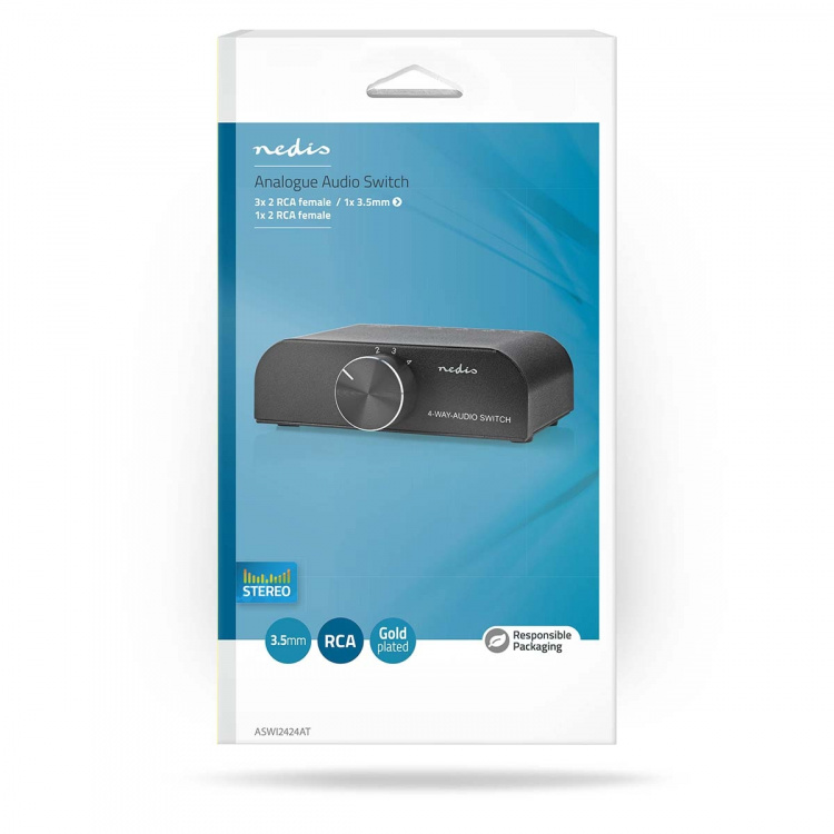 Nedis Analogue Audio Switch | 4 port(s) | Audio / video / data connections input: 1x 3.5 mm Audio Input / 3x (2x RCA Female) | Audio / video / data connections output: 1x (2x RCA Female) | Manual | Metal | Anthracite