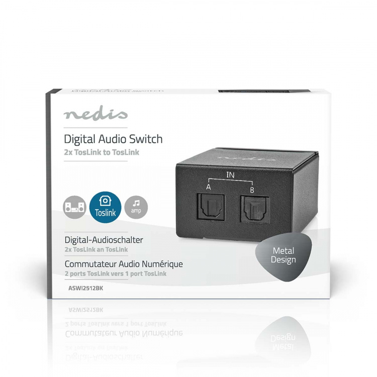Nedis Digital Audio Switch | 2-way | Audio / video / data connections input: DC Power / 2x TosLink | Audio / video / data connections output: TosLink Female | Manual / Switch | Metal | Black