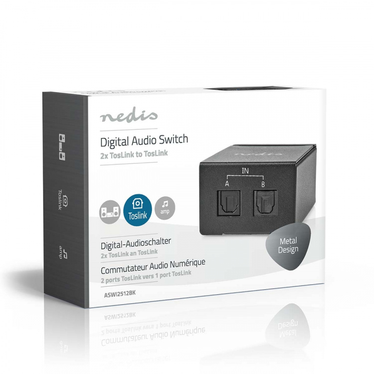 Nedis Digital Audio Switch | 2-way | Audio / video / data connections input: DC Power / 2x TosLink | Audio / video / data connections output: TosLink Female | Manual / Switch | Metal | Black