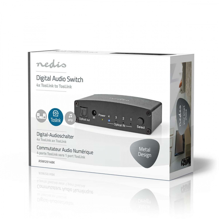 Nedis Digital Audio Switch | 4-way | Audio / video / data connections input: DC Power / 4x TosLink | Audio / video / data connections output: TosLink Female | Manual / Push Button / Remote Control | Metal | Black
