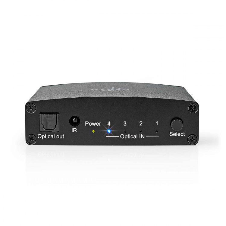 Nedis Digital Audio Switch | 4-way | Audio / video / data connections input: DC Power / 4x TosLink | Audio / video / data connections output: TosLink Female | Manual / Push Button / Remote Control | Metal | Black
