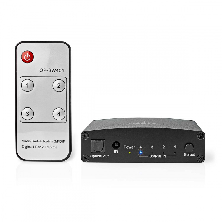 Nedis Digital Audio Switch | 4-way | Audio / video / data connections input: DC Power / 4x TosLink | Audio / video / data connections output: TosLink Female | Manual / Push Button / Remote Control | Metal | Black