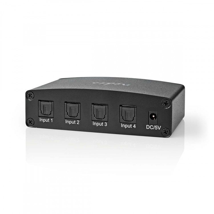 Nedis Digital Audio Switch | 4-way | Audio / video / data connections input: DC Power / 4x TosLink | Audio / video / data connections output: TosLink Female | Manual / Push Button / Remote Control | Metal | Black
