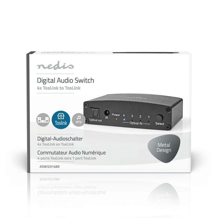 Nedis Digital Audio Switch | 4-way | Audio / video / data connections input: DC Power / 4x TosLink | Audio / video / data connections output: TosLink Female | Manual / Push Button / Remote Control | Metal | Black