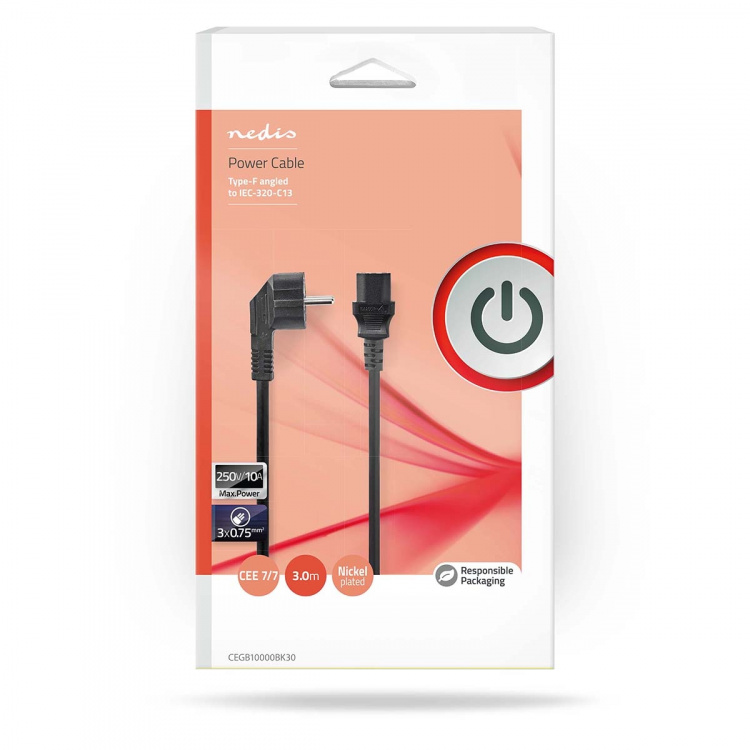 Nedis Power Cable | Plug with earth contact male | IEC-320-C13 | Straight | Straight | Nickel Plated | 3.00 m | Round | PVC | Black | Box