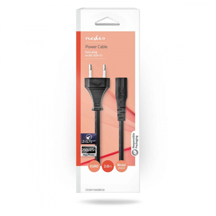 Nedis Power Cable | Euro Male | IEC-320-C1 | Straight | Straight | Nickel Plated | 2.00 m | Flat | PVC | Black | Box Nedis Power Cable | Euro Male | IEC-320-C1 | Straight | Straight | Nickel Plated | 2.00 m | Flat | PVC | Black | Box