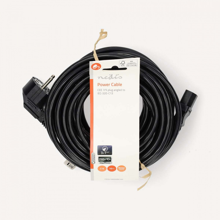 Nedis Power Cable | Plug with earth contact male | IEC-320-C13 | Angled | Straight | Nickel Plated | 10.0 m | Round | PVC | Black | Label