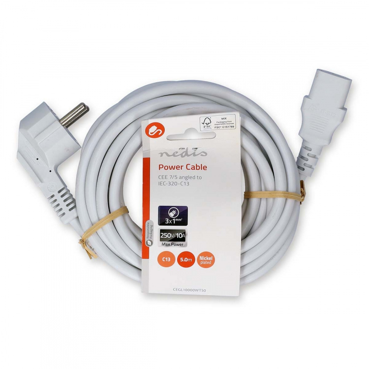 Nedis Power Cable | Plug with earth contact male | IEC-320-C13 | Angled | Straight | Nickel Plated | 5.00 m | Round | PVC | White | Label