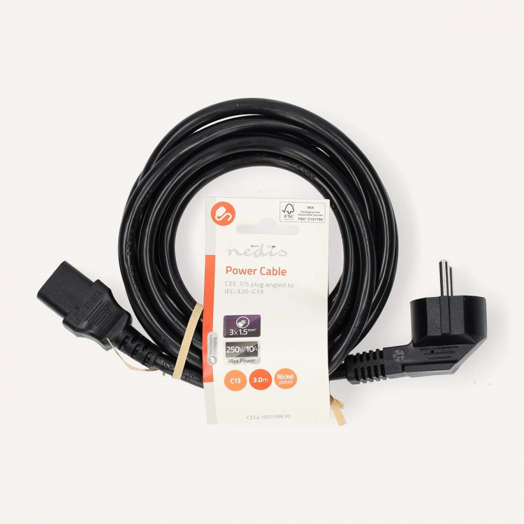 Nedis Power Cable | Plug with earth contact male | IEC-320-C13 | Angled | Straight | Nickel Plated | 3.00 m | Round | PVC | Black | Label