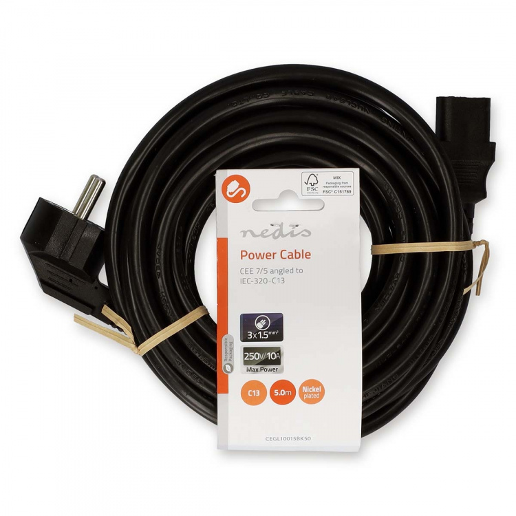 Nedis Power Cable | Plug with earth contact male | IEC-320-C13 | Angled | Straight | Nickel Plated | 5.00 m | Round | PVC | Black | Label