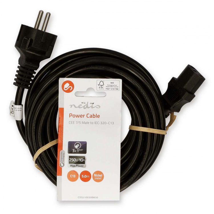 Nedis Power Cable | Plug with earth contact male | IEC-320-C13 | Straight | Straight | Nickel Plated | 5.00 m | Round | PVC | Black | Label
