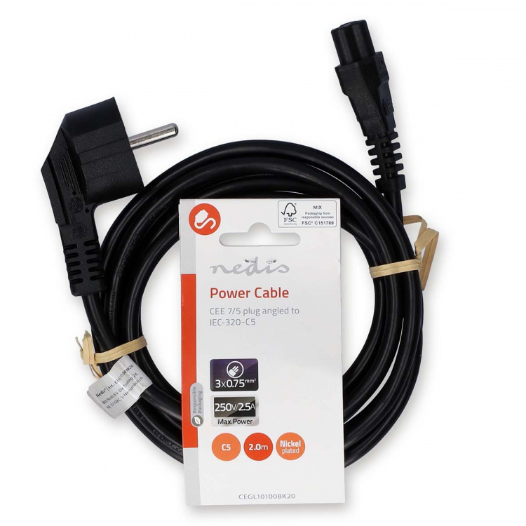Nedis Power Cable | Plug with earth contact male | IEC-320-C5 | Angled | Straight | Nickel Plated | 2.00 m | Round | PVC | Black | Label