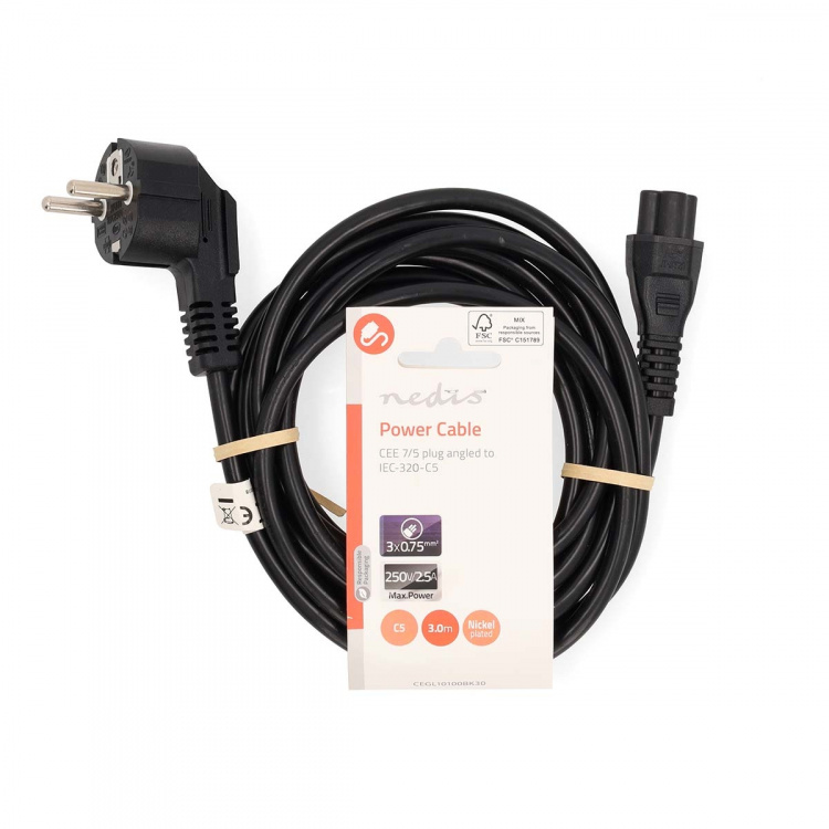 Nedis Power Cable | Plug with earth contact male | IEC-320-C5 | Angled | Straight | Nickel Plated | 3.00 m | Round | PVC | Black | Label
