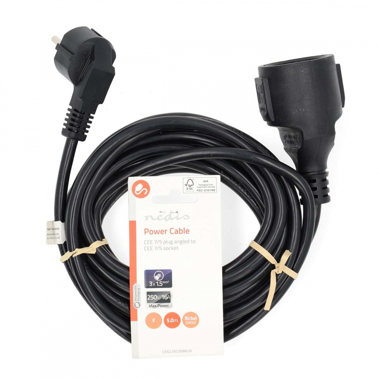 Nedis Power Cable | Plug with earth contact male | Plug with earth contact female | Angled | Straight | Nickel Plated | 5.00 m | Round | PVC | Black | Label Nedis Power Cable | Plug with earth contact male | Plug with earth contact female | Angled | Straight | Nickel Plated | 5.00 m | Round | PVC | Black | Label