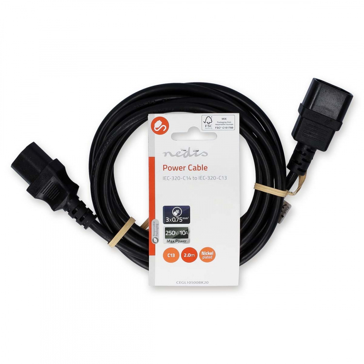 Nedis Power Cable | IEC-320-C14 | IEC-320-C13 | Straight | Straight | Nickel Plated | 2.00 m | Round | PVC | Black | Label