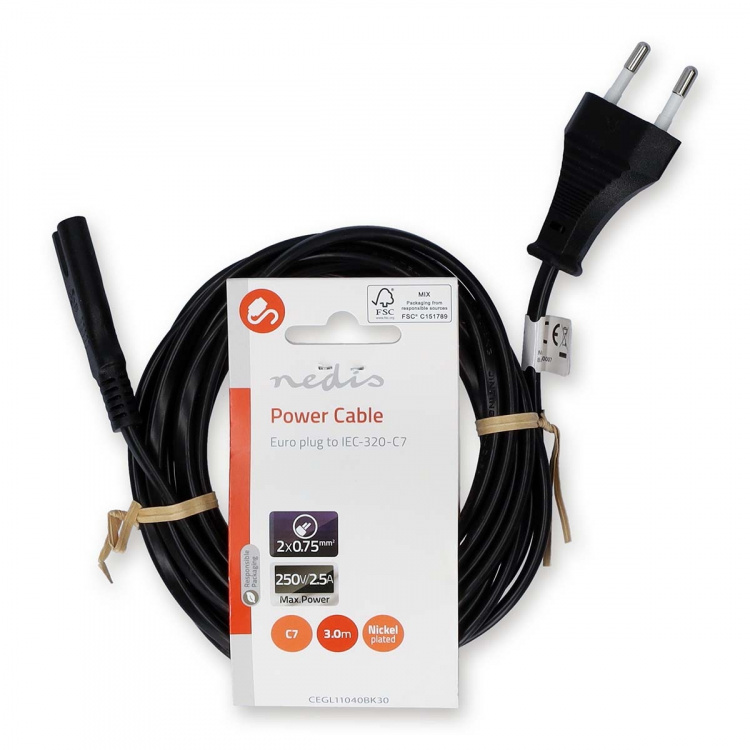 Nedis Power Cable | Euro Male | IEC-320-C7 | Straight | Straight | Nickel Plated | 3.00 m | Flat | PVC | Black | Label