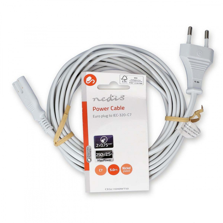 Nedis Power Cable | Euro Male | IEC-320-C7 | Straight | Straight | Nickel Plated | 5.00 m | Flat | PVC | White | Label
