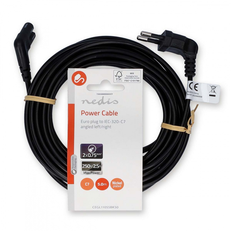 Nedis Power Cable | Euro Male | IEC-320-C7 | Angled | Angled Left | Nickel Plated | 5.00 m | Flat | PVC | Black | Label