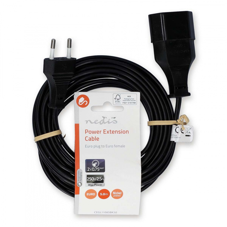 Nedis Power Extension Cable | EUR male | EUR Female| 5.0 m | Round | Black | Envelope Nedis Power Extension Cable | EUR male | EUR Female| 5.0 m | Round | Black | Envelope