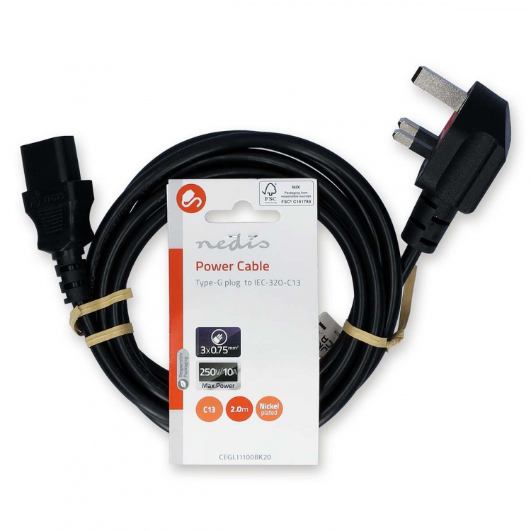 Nedis Power Cable | UK Male | IEC-320-C13 | Angled | Straight | Nickel Plated | 2.00 m | Round | PVC | Black | Label