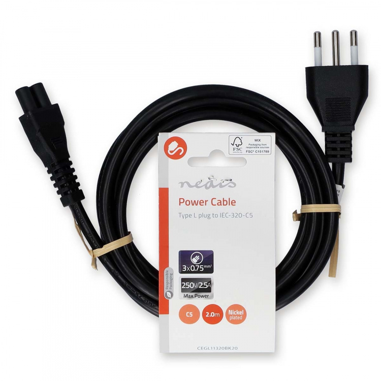 Nedis Power Cable | Italy Male | IEC-320-C5 | Straight | Straight | Nickel Plated | 2.00 m | Round | PVC | Black | Label