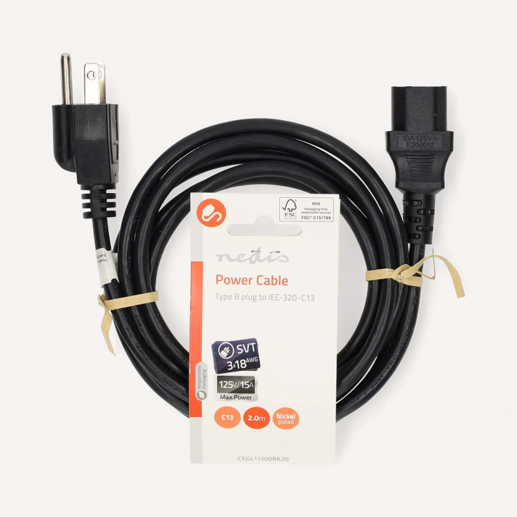 Nedis Power Cable | USA Male | IEC-320-C13 | Straight | Straight | Nickel Plated | 2.00 m | Round | PVC | Black | Label