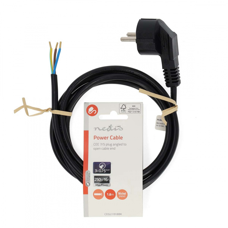 Nedis Power Cable | Plug with earth contact male | Open | Angled | Straight | Nickel Plated | 1.80 m | Round | Neoprene | Black | Label