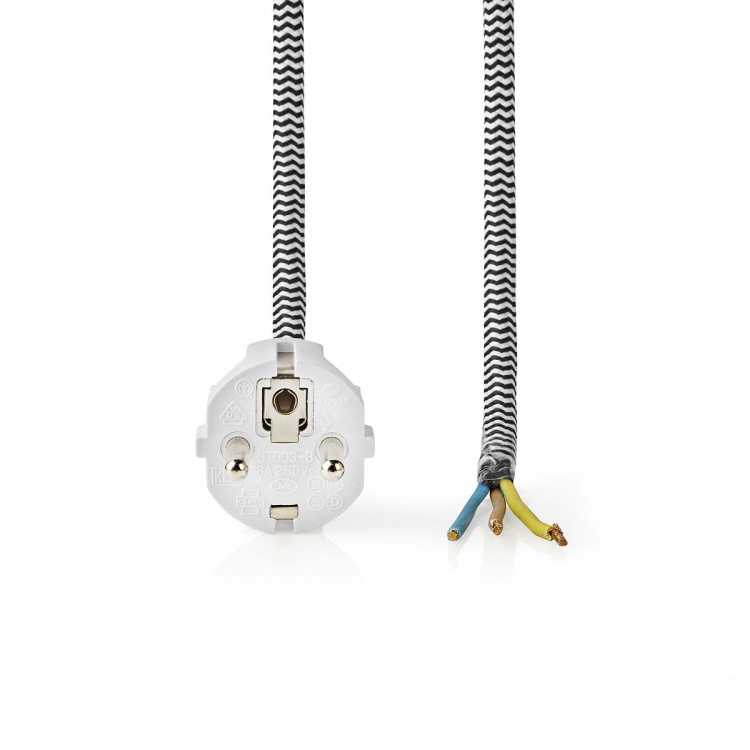 Nedis Power Cable | Plug with earth contact male | Open | Straight | Straight | Nickel Plated | 3.00 m | Round | Cotton | White | Label Nedis Power Cable | Plug with earth contact male | Open | Straight | Straight | Nickel Plated | 3.00 m | Round | Cotton | White | Label