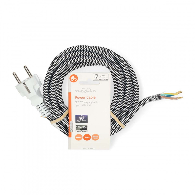 Nedis Power Cable | Plug with earth contact male | Open | Straight | Straight | Nickel Plated | 3.00 m | Round | Cotton | White | Label Nedis Power Cable | Plug with earth contact male | Open | Straight | Straight | Nickel Plated | 3.00 m | Round | Cotton | White | Label
