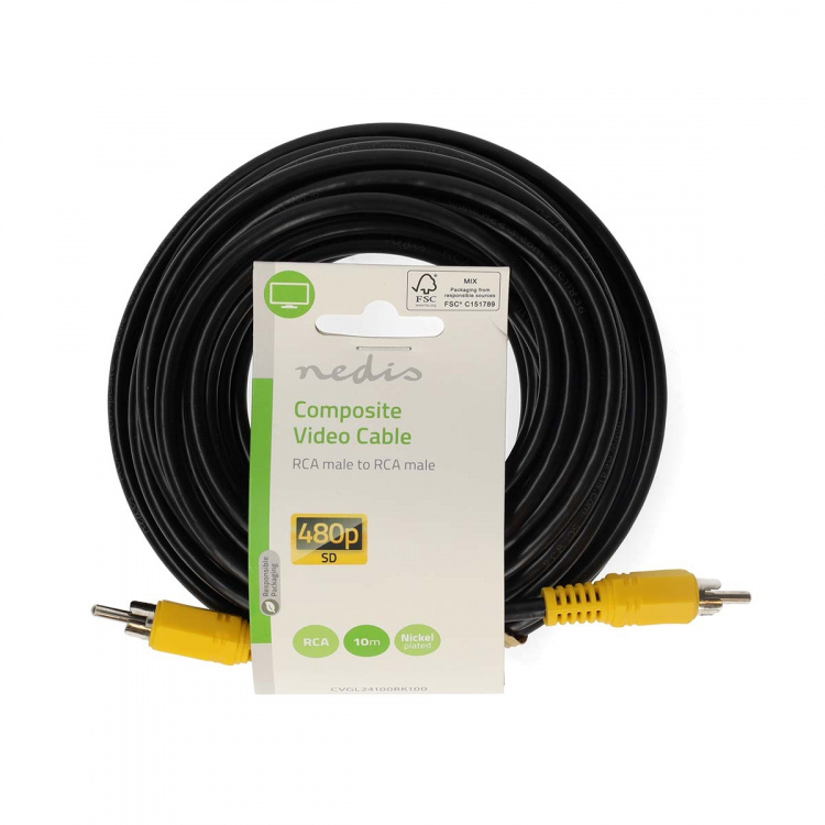 Nedis Composite Video Cable | RCA Male | RCA Male | Nickel Plated | 480p | 10.0 m | Round | PVC | Black | Label Nedis Composite Video Cable | RCA Male | RCA Male | Nickel Plated | 480p | 10.0 m | Round | PVC | Black | Label