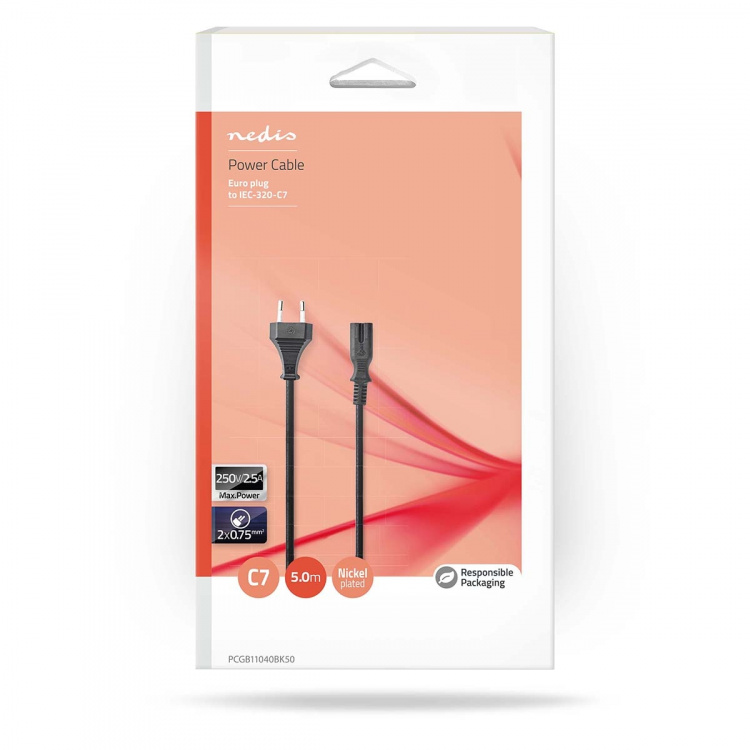 Nedis Power Cable | Euro Male | IEC-320-C7 | Straight | Straight | Nickel Plated | 5.00 m | Round | PVC | Black | Box