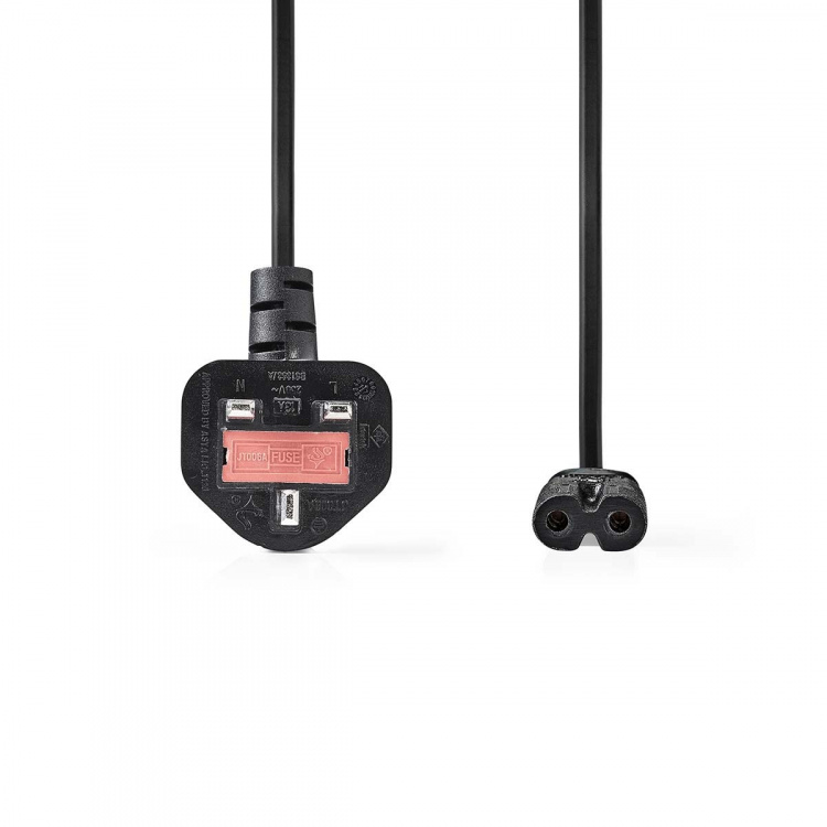 Nedis UK Power Cable | UK Male | IEC-320-C7 | 5.00 m | Yes | 2 x 0.75 mm² | Copper | Round | Nickel Plated | UK | PVC | Power plug: Type G | 250 V AC | 3 A | Black