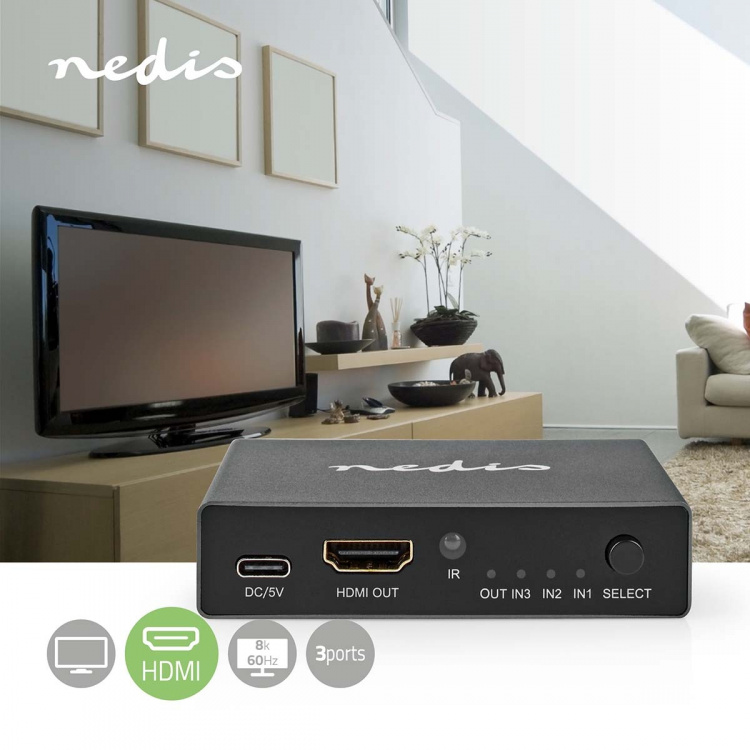 Nedis HDMI™ Switch | 3 port(s) | 3x HDMI™ Input | 1x HDMI™ Output | 8K@60Hz | 45 Gbps | Remote controlled | Aluminium | Anthracite Nedis HDMI™ Switch | 3 port(s) | 3x HDMI™ Input | 1x HDMI™ Output | 8K@60Hz | 45 Gbps | Remote controlled | Aluminium | Anthracite