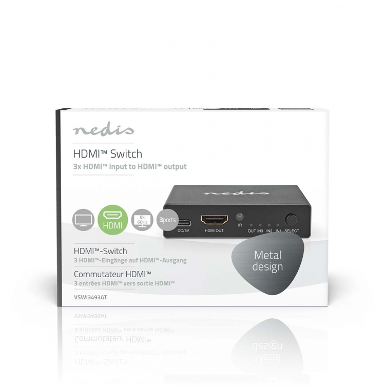 Nedis HDMI™ Switch | 3 port(s) | 3x HDMI™ Input | 1x HDMI™ Output | 8K@60Hz | 45 Gbps | Remote controlled | Aluminium | Anthracite Nedis HDMI™ Switch | 3 port(s) | 3x HDMI™ Input | 1x HDMI™ Output | 8K@60Hz | 45 Gbps | Remote controlled | Aluminium | Anthracite