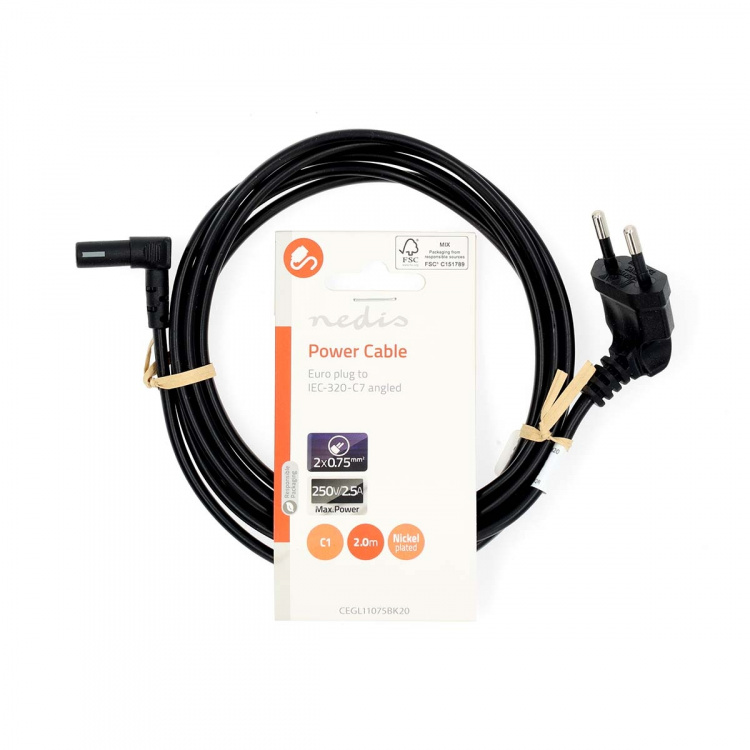 Nedis Power Cable | Euro Male | IEC-320-C7 | Angled 90° | Angled 90° | Nickel Plated | 2.00 m | Flat | PVC | Black | Label