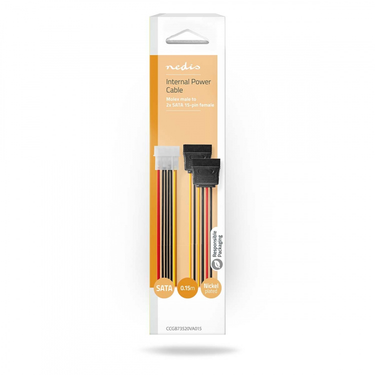 Nedis Internal Power cable | Molex Male | 2x SATA 15-Pin Female | Gold Plated | 0.15 m | Round | PVC | Multi Colour | Box Nedis Internal Power cable | Molex Male | 2x SATA 15-Pin Female | Gold Plated | 0.15 m | Round | PVC | Multi Colour | Box