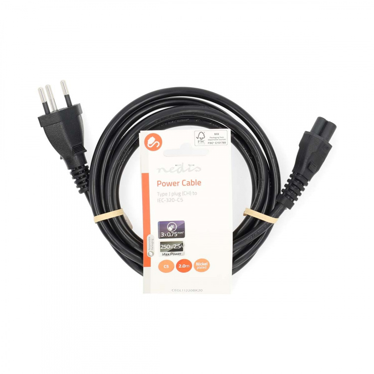Nedis Power Cable | CH Type 12 | IEC-320-C5 | Straight | Straight | Nickel Plated | 2.00 m | Round | PVC | Black | Label