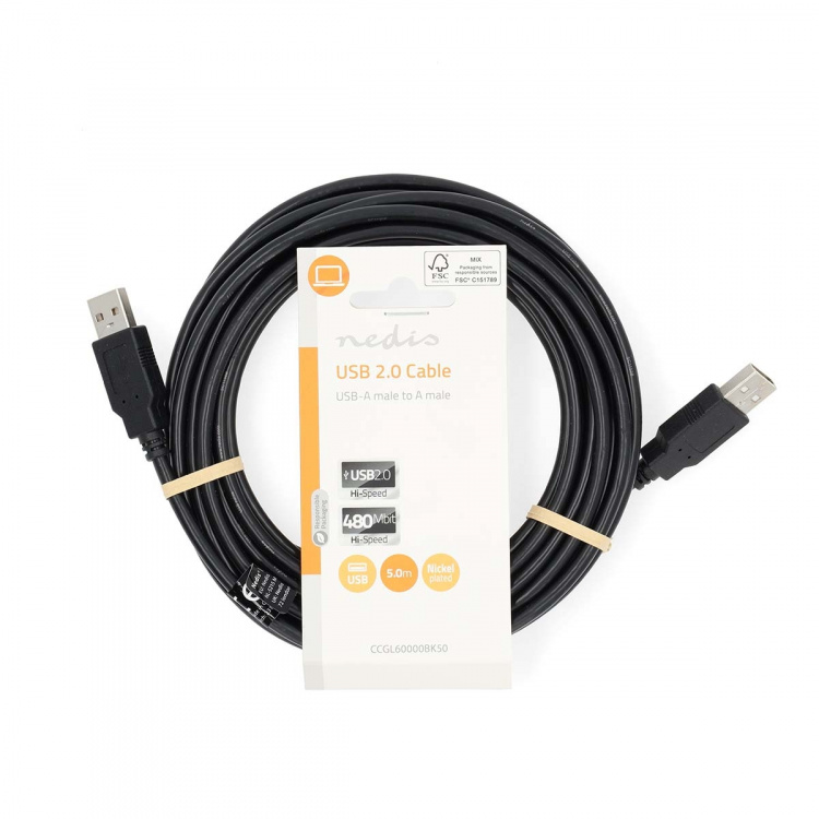 Nedis USB Cable | USB 2.0 | USB-A Male | USB-A Male | 480 Mbps | Nickel Plated | 5.00 m | Round | PVC | Black | Label
