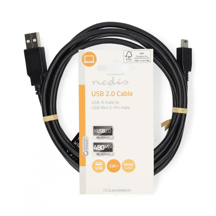 Nedis USB Cable | USB 2.0 | USB-A Male | USB Mini-B 5 pin Male | 480 Mbps | Nickel Plated | 2.00 m | Round | PVC | Black | Label